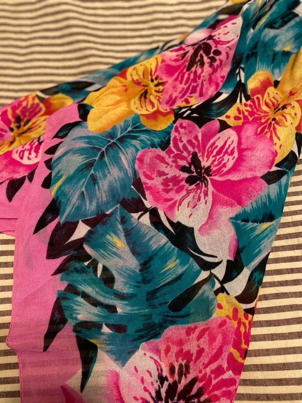 Vibrant Pink and Yellow Tropical Flowers Cotton Scarf 32x32 - Picture 3 of 3